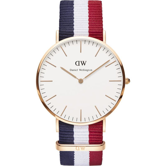 Daniel Wellington Cambridge 40mm gold watch with white dial and navy/white/red tricolour NATO strap