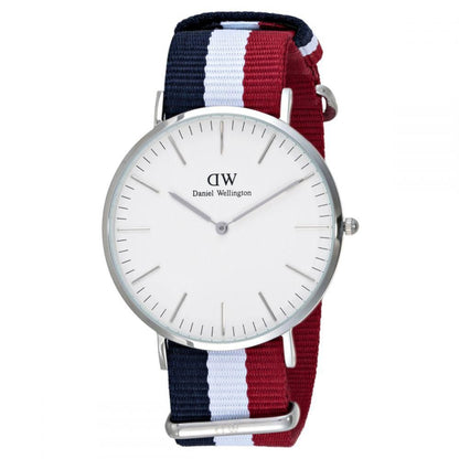 Daniel Wellington Cambridge 40mm silver watch with white dial and tricolour strap angled view