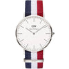Daniel Wellington Cambridge 40mm watch with white dial and navy-white-red tricolour strap
