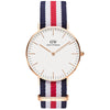 Daniel Wellington Canterbury 36mm gold watch with white dial and navy/red/white NATO strap