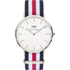 Daniel Wellington Canterbury 40mm silver watch with white dial and tricolour navy, white, red NATO strap