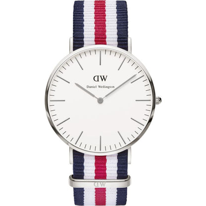 Daniel Wellington Canterbury 40mm silver watch with white dial and tricolour navy, white, red NATO strap