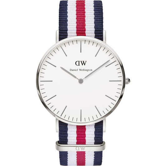 Daniel Wellington Canterbury 40mm silver watch with white dial and tricolour navy, white, red NATO strap