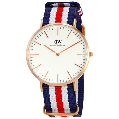 Canterbury 40mm gold watch at angle showing white dial and tricolour NATO strap