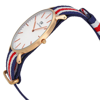 Side view of Canterbury 40mm watch with gold case and tricolour strap attachment