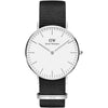 Daniel Wellington Classic Cornwall 36mm silver watch with white dial and black nylon strap