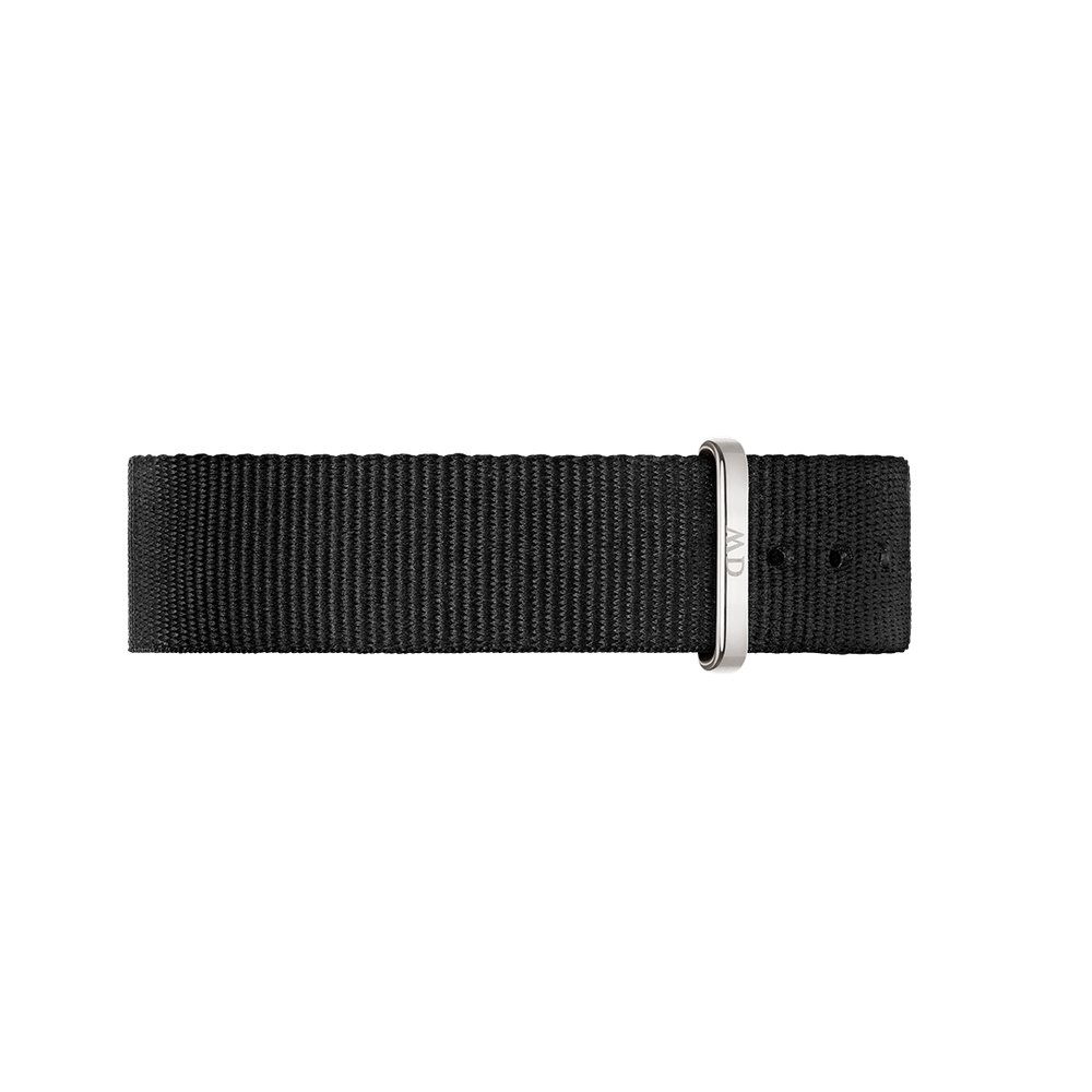 Black nylon strap with silver metal loop and Daniel Wellington branding
