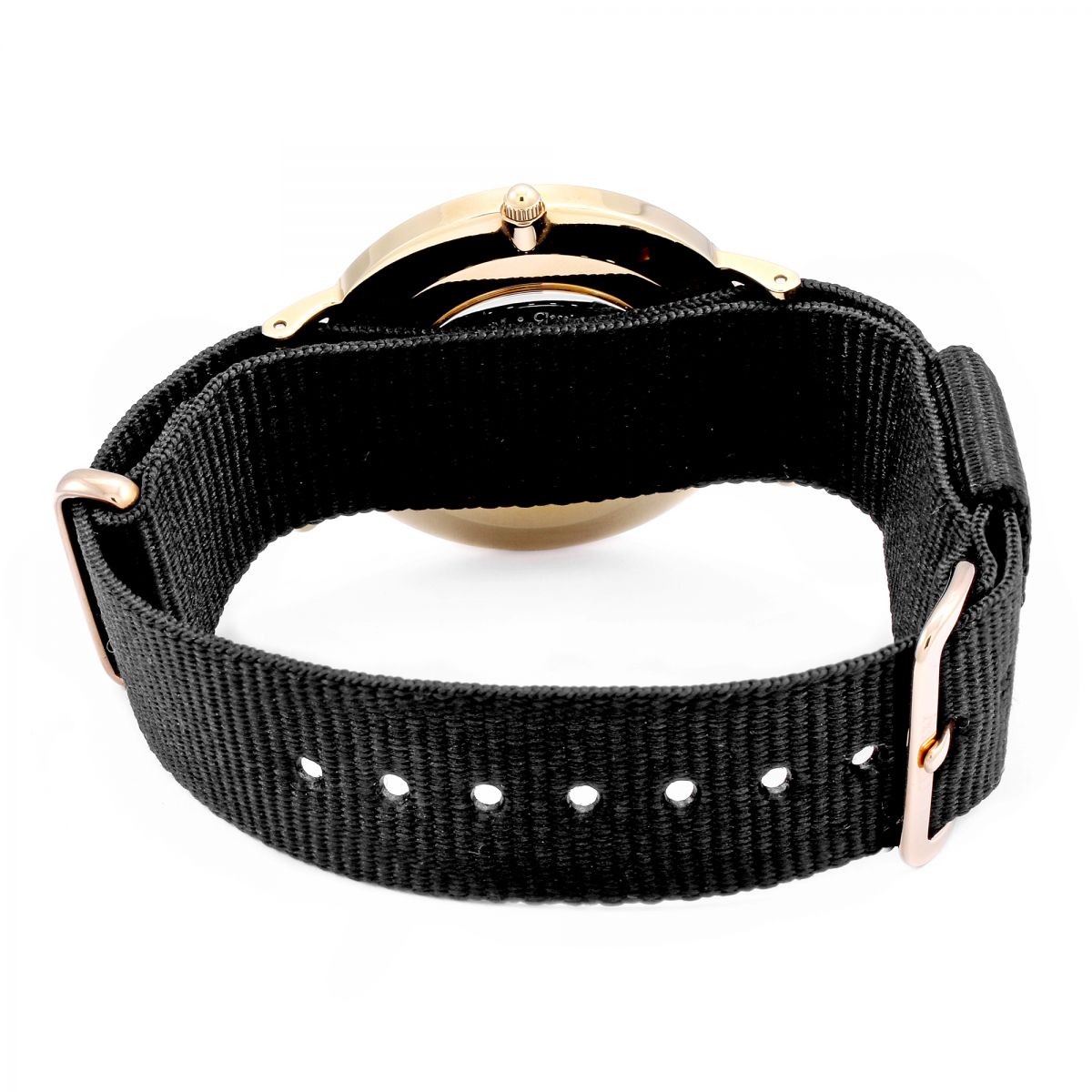 Daniel Wellington Classic Cornwall 36mm watch caseback and strap detail with rose gold accents
