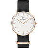 Daniel Wellington Classic Cornwall 36mm watch with white dial, rose gold case, black NATO strap