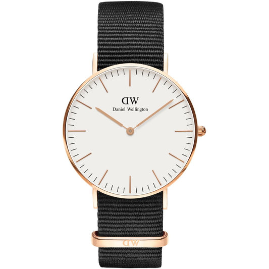 Daniel Wellington Classic Cornwall 36mm watch with white dial, rose gold case, black NATO strap