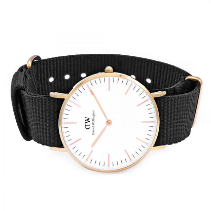 Daniel Wellington Classic Cornwall 36mm watch on wrist showing white dial and black NATO strap