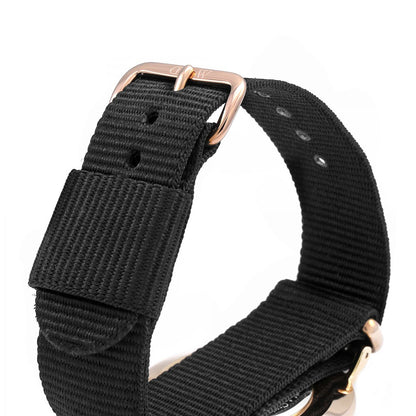 Daniel Wellington Classic Cornwall black NATO strap with rose gold hardware and adjustment holes