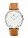 Daniel Wellington Classic Durham 36mm women's watch with silver case, white dial, and tan leather strap