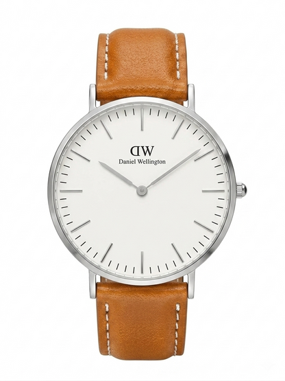 Daniel Wellington Classic Durham 36mm women's watch with silver case, white dial, and tan leather strap