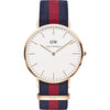 Daniel Wellington Classic Oxford gold watch with white dial and navy-red NATO strap
