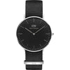 Daniel Wellington Cornwall 36mm black dial silver watch with black NATO strap
