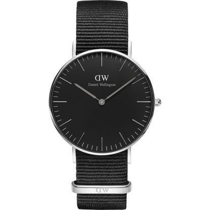 Daniel Wellington Cornwall 36mm black dial silver watch with black NATO strap