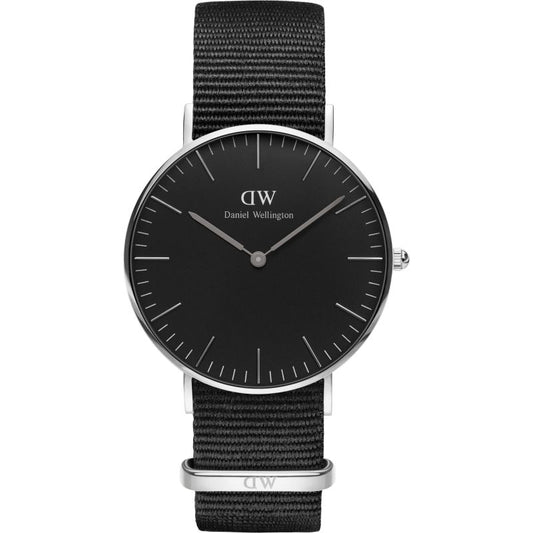Daniel Wellington Cornwall 36mm black dial silver watch with black NATO strap