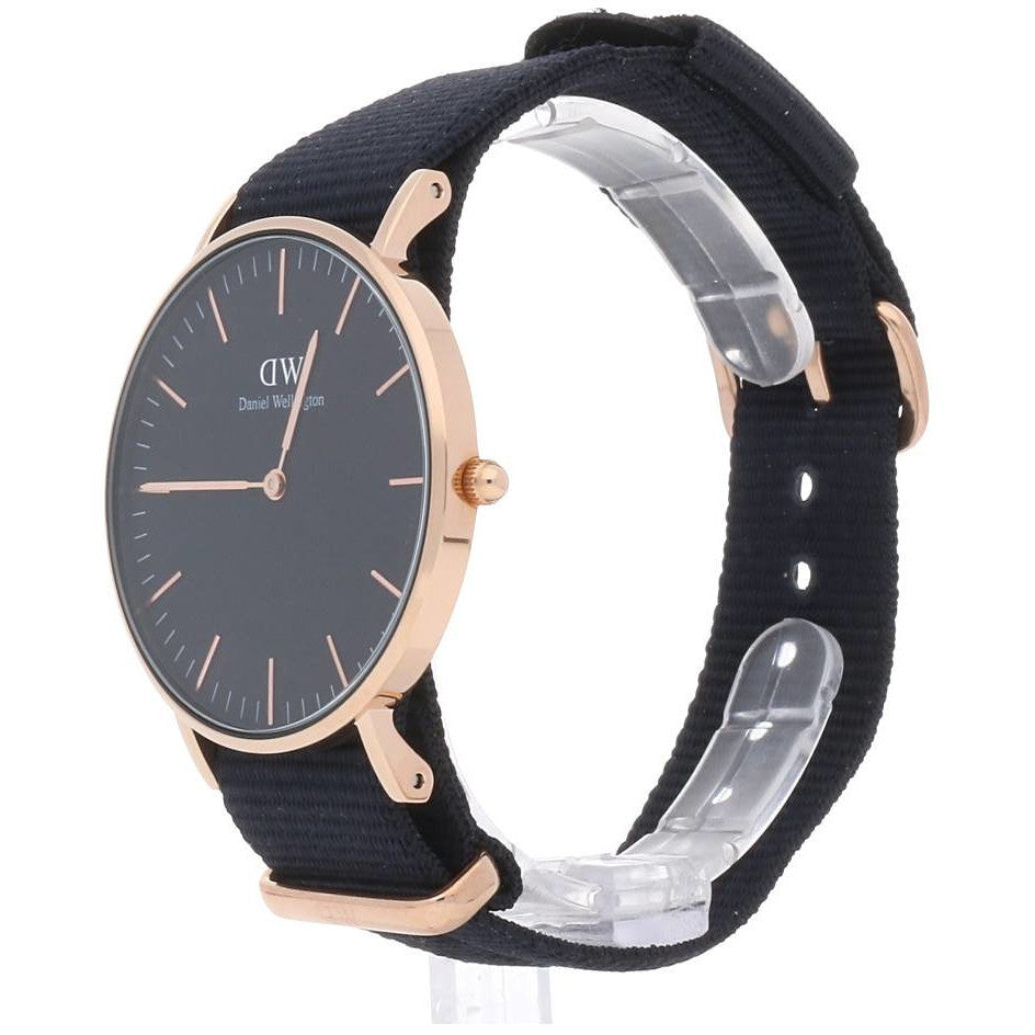 Cornwall 36mm watch displayed on stand showing full case and strap details