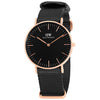 Daniel Wellington Cornwall 36mm watch with rose gold case, black dial, and black NATO strap