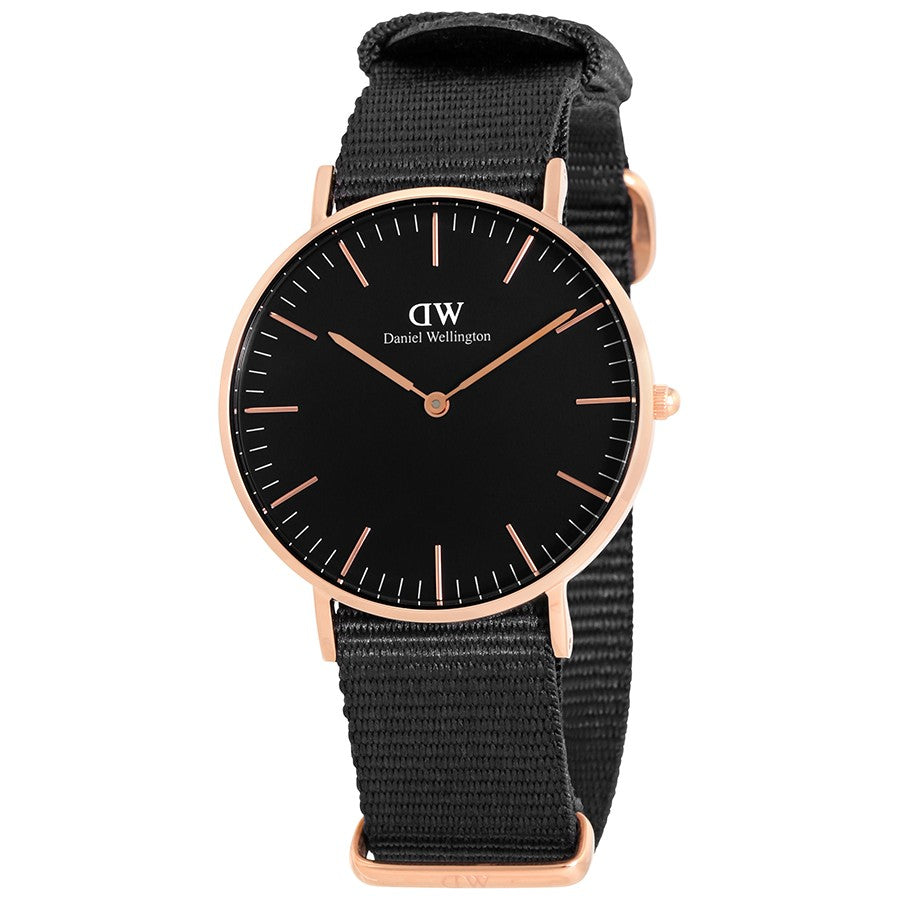 Daniel Wellington Cornwall 36mm watch with rose gold case, black dial, and black NATO strap