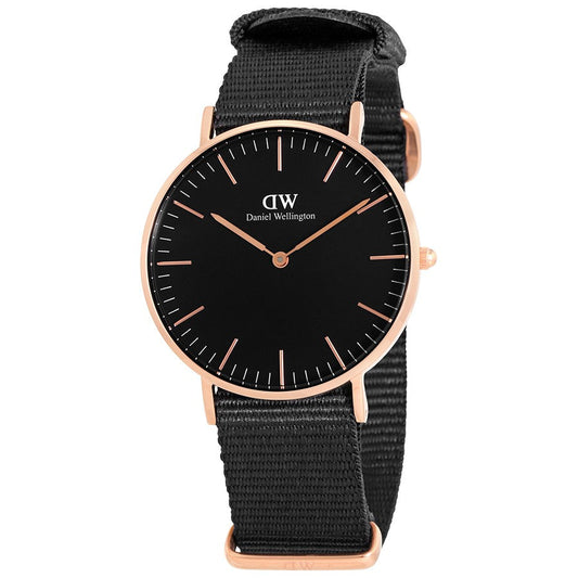 Daniel Wellington Cornwall 36mm watch with rose gold case, black dial, and black NATO strap
