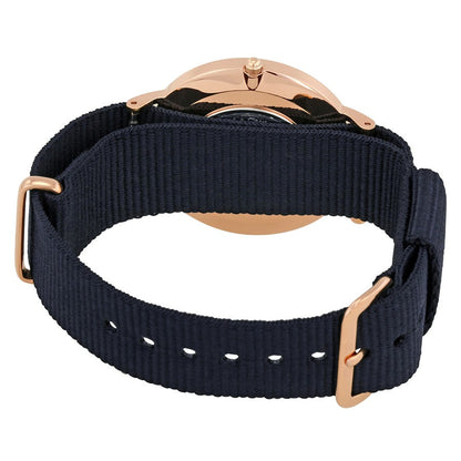 Black NATO strap with rose gold buckle and adjustment holes on Cornwall watch