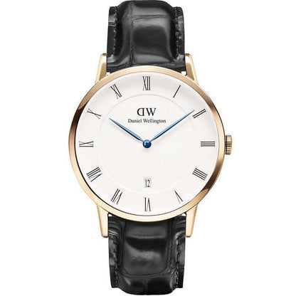 Daniel Wellington Dapper Reading 38mm gold watch with white dial and black leather strap