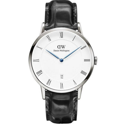 Daniel Wellington Dapper Reading 38mm silver watch with white dial and black leather strap