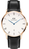 Daniel Wellington Dapper Sheffield 38mm gold watch with white dial, Roman numerals, blue hands, and black leather strap