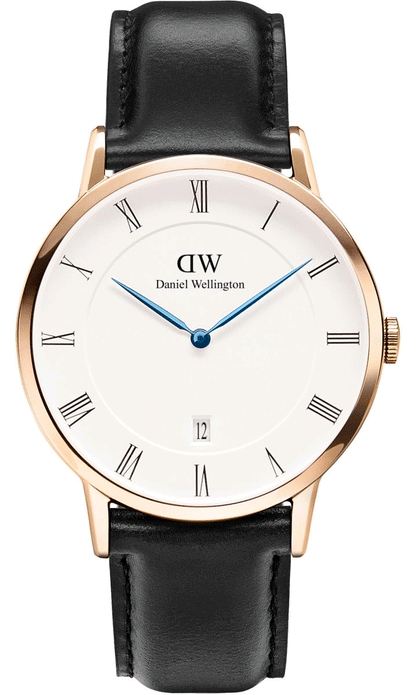 Daniel Wellington Dapper Sheffield 38mm gold watch with white dial, Roman numerals, blue hands, and black leather strap
