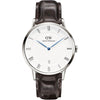 Daniel Wellington Dapper York 38mm silver watch with white dial, Roman numerals, and black leather strap