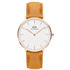 Daniel Wellington Durham 36mm watch with rose gold case, white dial, and brown leather strap