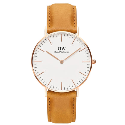 Daniel Wellington Durham 36mm watch with rose gold case, white dial, and brown leather strap