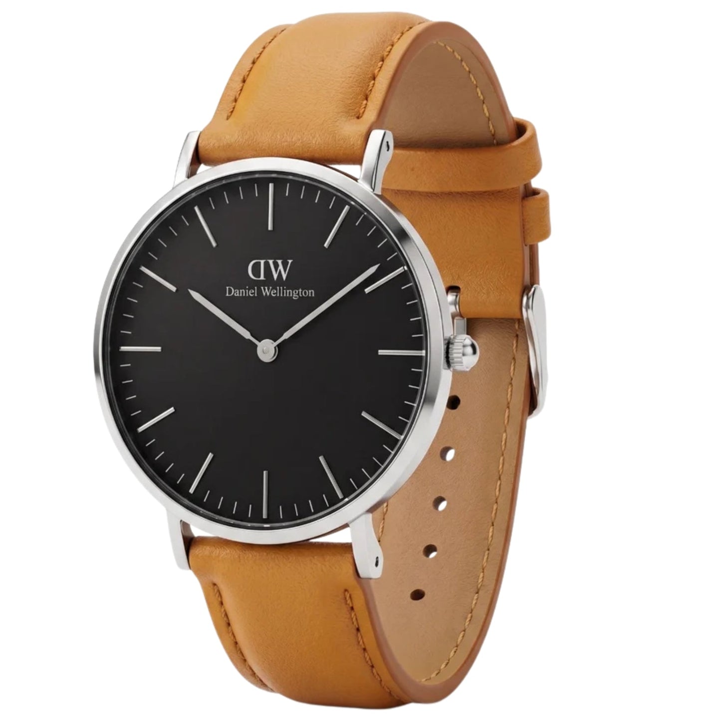 Daniel Wellington Durham watch side view showing brown leather strap with stitch detail