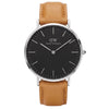 Daniel Wellington Durham 36mm watch with black dial, silver case, and tan leather strap