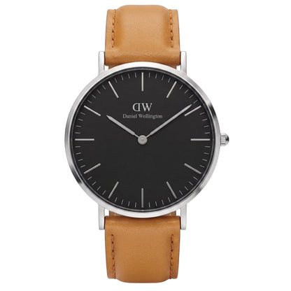 Daniel Wellington Durham 36mm watch with black dial, silver case, and tan leather strap