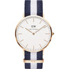 Daniel Wellington Glasgow 40mm rose gold watch with white dial and navy white striped strap