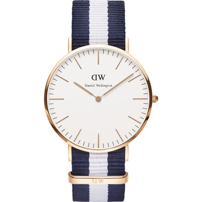 Daniel Wellington Glasgow 40mm rose gold watch with white dial and navy white striped strap