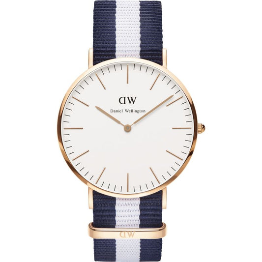 Daniel Wellington Glasgow 40mm rose gold watch with white dial and navy white striped strap