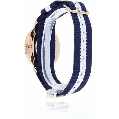 Side view of Glasgow 40mm rose gold watch with navy white striped NATO strap