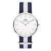 Daniel Wellington Glasgow 40mm white dial men's silver watch with navy and white striped strap