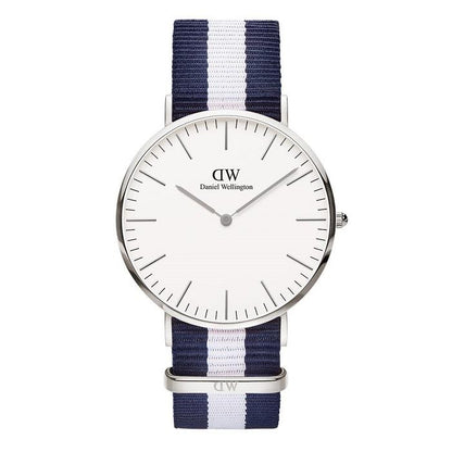 Daniel Wellington Glasgow 40mm white dial men's silver watch with navy and white striped strap