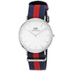 Daniel Wellington Oxford 40mm silver watch with white dial and navy red striped NATO strap