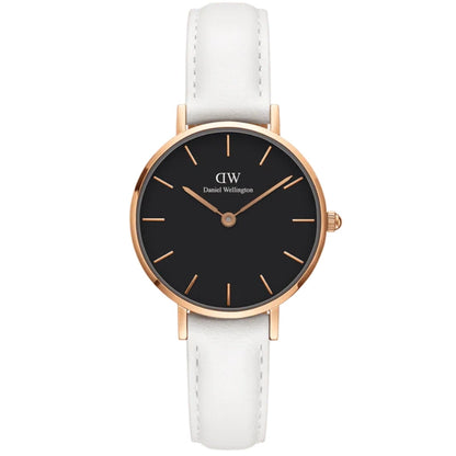 Daniel Wellington Petite 32mm black dial watch with rose gold case and white leather strap