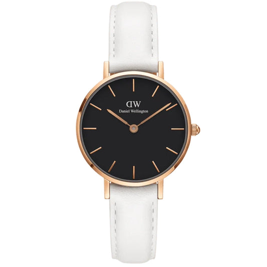 Daniel Wellington Petite 32mm black dial watch with rose gold case and white leather strap