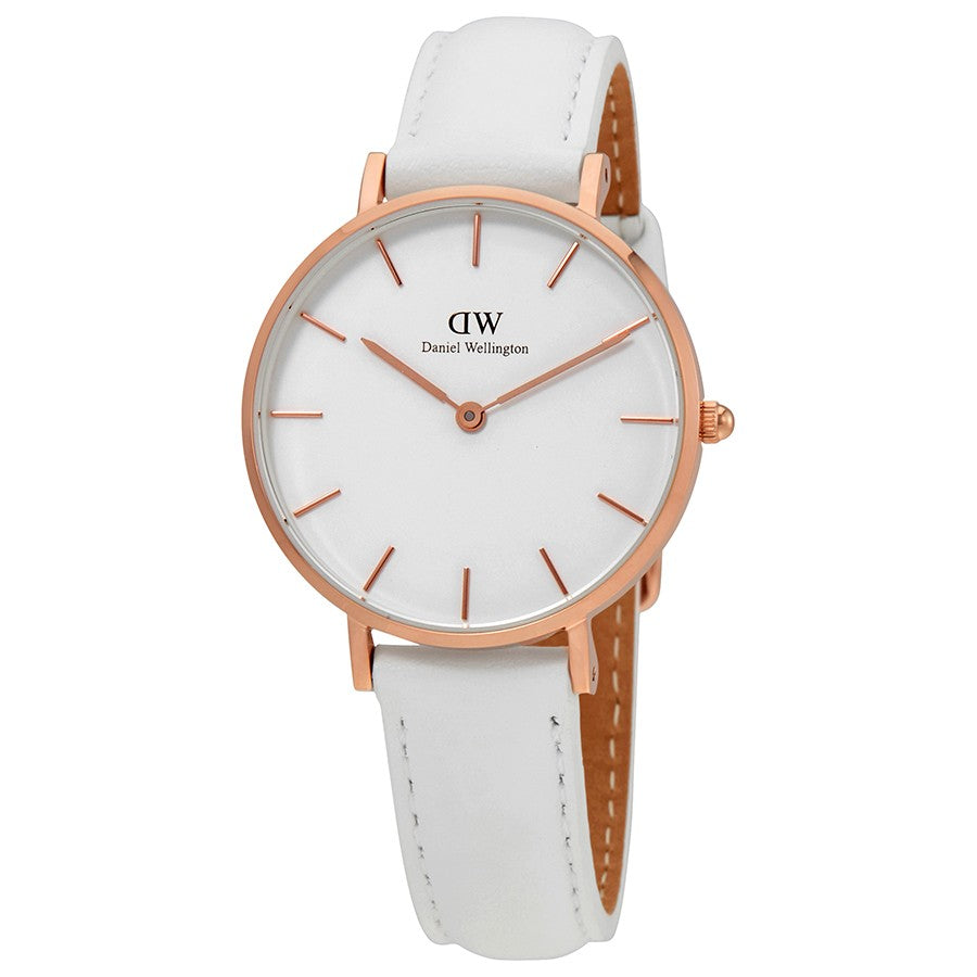 Daniel Wellington Petite Bondi 32mm women's gold watch with white dial and white leather strap