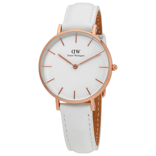 Daniel Wellington Petite Bondi 32mm women's gold watch with white dial and white leather strap