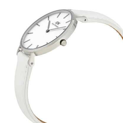 Daniel Wellington Petite Bondi 32mm watch angled view showing white leather strap and silver case