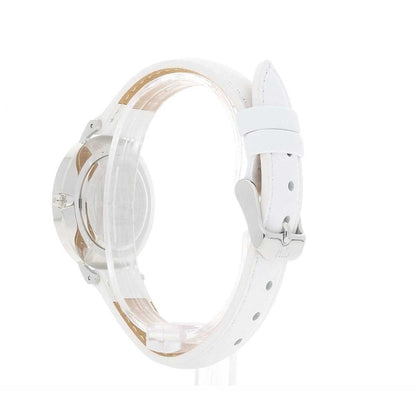 Daniel Wellington Petite Bondi 32mm watch side view showing white genuine leather strap and silver case